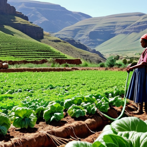 Home 4 ** A lush, green organic farm in Lesotho, showcasing drip irrigation systems in action. Visualize healthy vegetables growing abundantly, with a young Lesotho farmer tending to the crops. The background features the rugged landscape of Lesotho.
**