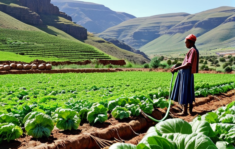 ** A lush, green organic farm in Lesotho, showcasing drip irrigation systems in action. Visualize healthy vegetables growing abundantly, with a young Lesotho farmer tending to the crops. The background features the rugged landscape of Lesotho.
**